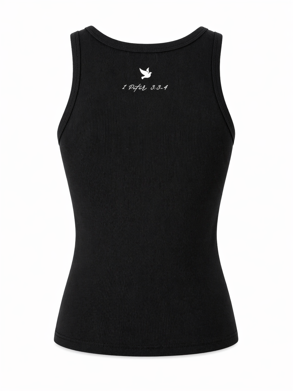 Back view of black ribbed ChristAdorn tank top with white dove icon and 1 Peter 3:3-4 text on a white background