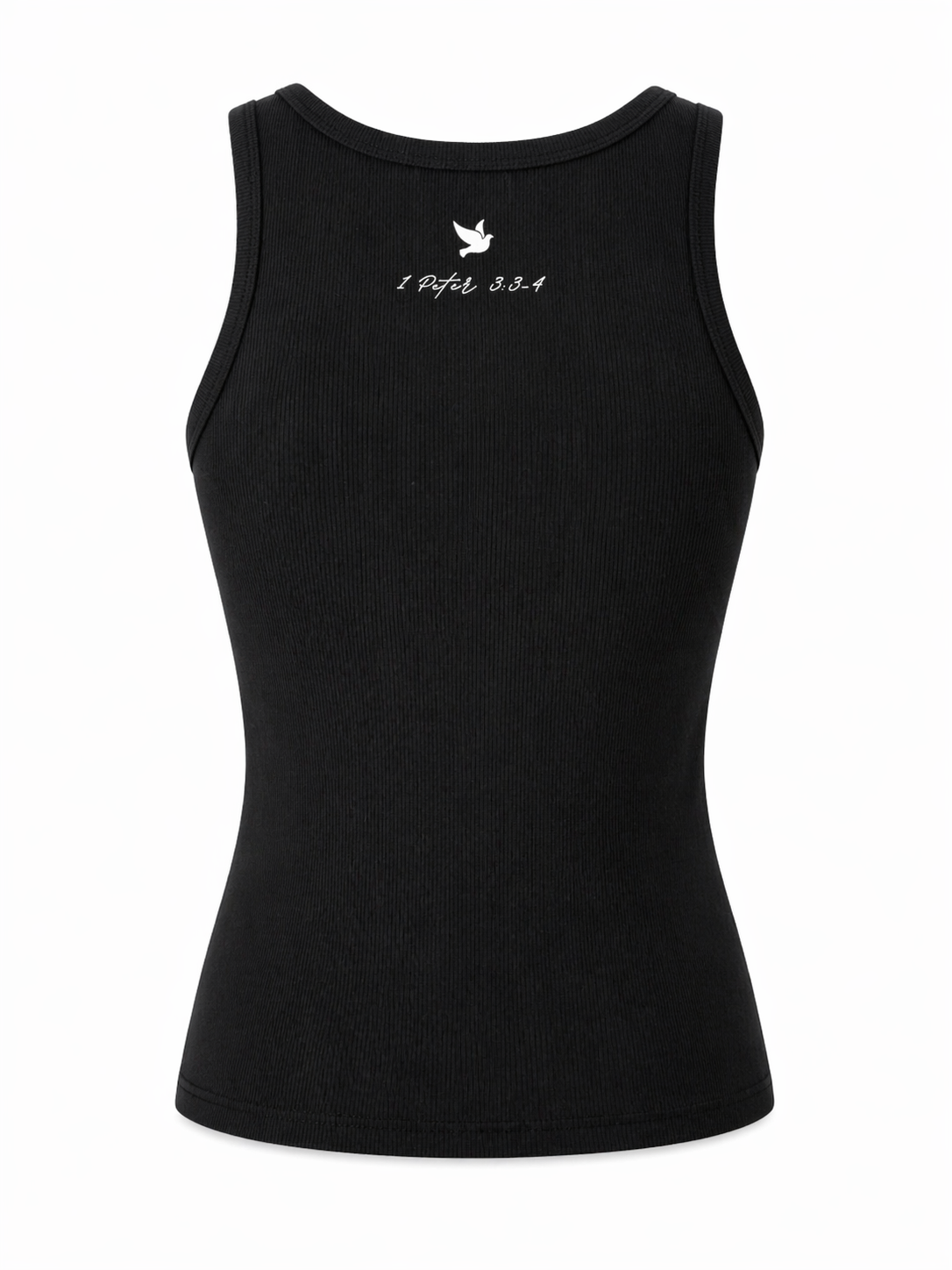 Back view of black ribbed ChristAdorn tank top with white dove icon and 1 Peter 3:3-4 text on a white background