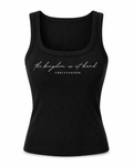 Black tank top with white "the kingdom is at hand christadorn" text on a white background