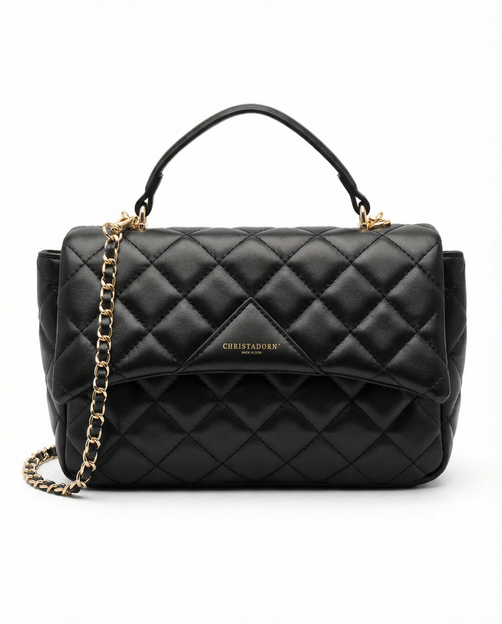 Black quilted ChristAdorn handbag in vegan leather with gold chain strap and top handle on white background.