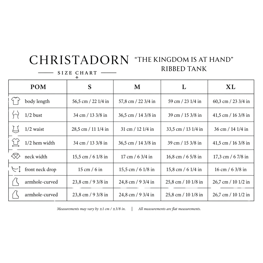 Size chart for Christadorn ribbed tank with measurements in centimeters and inches.