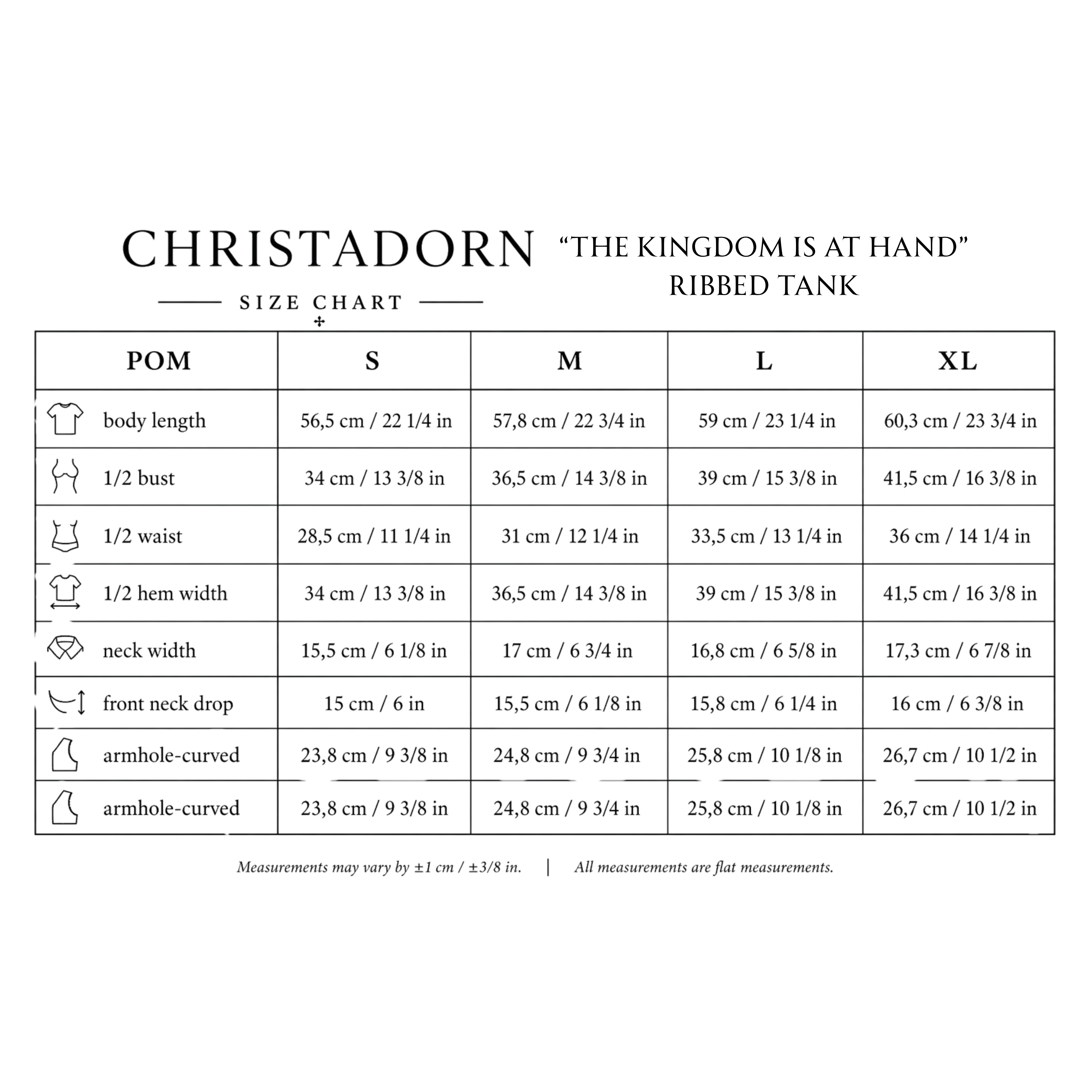 Size chart for Christadorn ribbed tank with measurements in centimeters and inches.